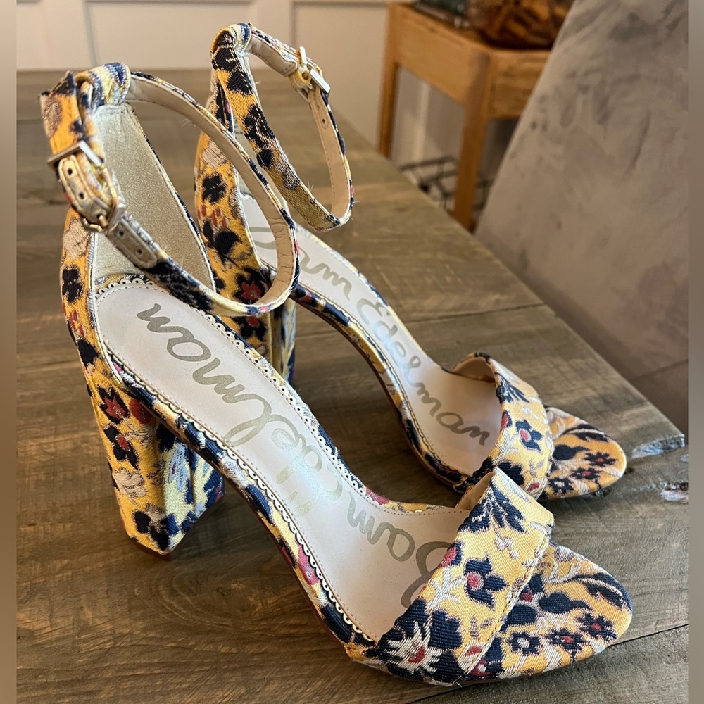 Sam Edelman Yellow Floral Block Heel Sandals - Picture 1 of 6